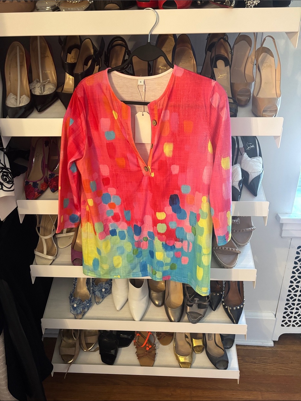 Womens Multicolor Drop-Shoulder Tunic Top - Bright Coral & Aqua